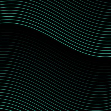 Çizgiler ve dalgalarla soyut bir arkaplan. Pankart. Tasarım elementi siyahta izole edildi. Broşür, broşür, broşür, broşür, poster için vektör arkaplan. Mavi ve siyah eğim. Turkuaz, karanlık, gece