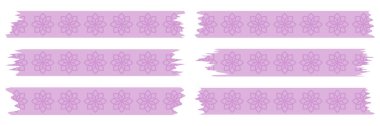 Beyaz üzerine izole edilmiş pembe washi bantları. Kaset toplama vektörü. Albümler için dekoratif kaset parçaları. Yırtık kağıt. Bahar, yaz, mor
