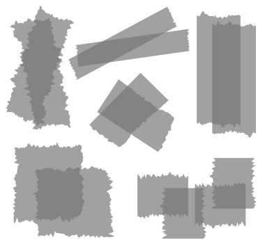 Beyaza izole edilmiş yarı şeffaf washi kasetleri. Kaset toplama vektörü. Albümler için dekoratif kaset parçaları. Yırtık kağıt. Gri, siyah