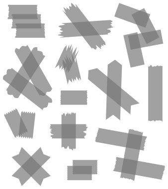 Beyaza izole edilmiş yarı şeffaf washi kasetleri. Kaset toplama vektörü. Albümler için dekoratif kaset parçaları. Yırtık kağıt. Gri, siyah