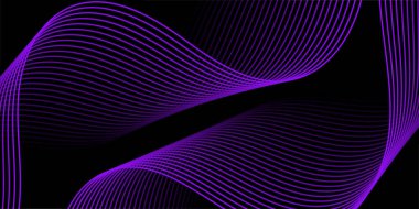 Çizgiler ve dalgalarla soyut bir arkaplan. Orta boy pankart. Tasarım elementi siyahta izole edildi. Broşür, broşür, broşür, broşür, poster için vektör arkaplan. Mor ve siyah eğim