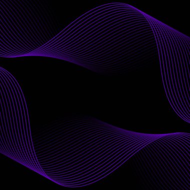Çizgiler ve dalgalarla soyut bir arkaplan. Pankart. Tasarım elementi siyahta izole edildi. Broşür, broşür, broşür, broşür, poster için vektör arkaplan. Mor ve siyah eğim. Mavi, karanlık, gece