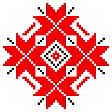 Beyaz üzerine izole edilmiş geleneksel geometrik süs. Ukrayna 'nın Vyshyvanka simgesi. Çapraz dikiş. Siyah ve kırmızı renklerde nakış. Tasarım için vektör ögesi. Halk düzeni