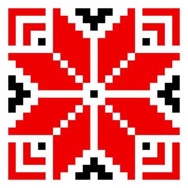 Beyaz üzerine izole edilmiş geleneksel geometrik süs. Ukrayna 'nın Vyshyvanka simgesi. Çapraz dikiş. Siyah ve kırmızı renklerde nakış. Tasarım için vektör ögesi. Halk düzeni