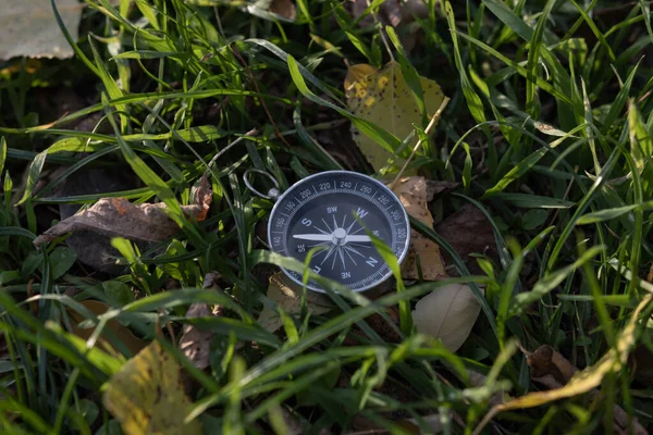 Turizm için pusula çimlerin üzerinde. Seyahat ve keşif kavramı.
