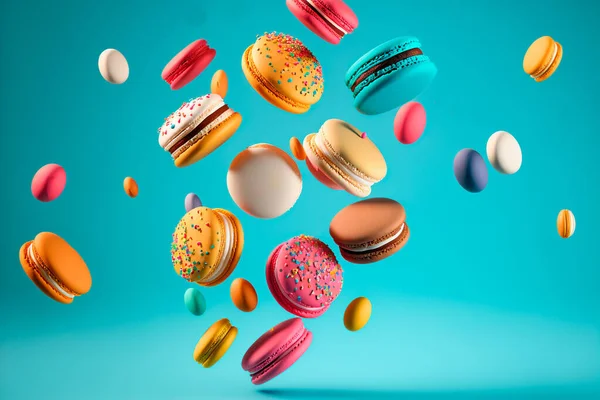 Mavi arkaplana düşen renkli badem kurabiyeleri. Üretici yapay zeka.