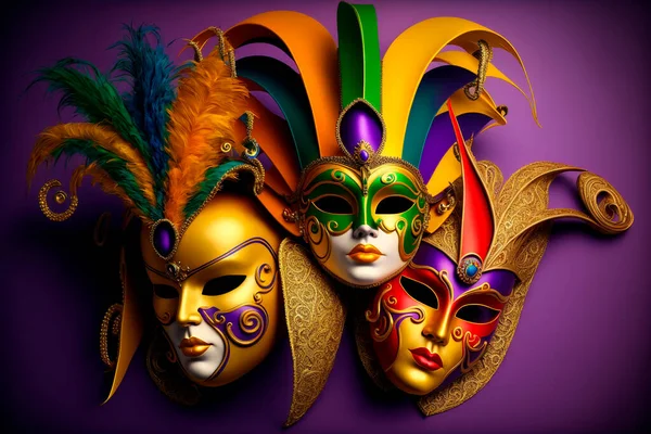 Venetian carnival masks and beads decoration. Mardi gras background. Generative AI.