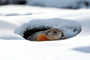 The groundhog looks out from his burrow in anticipation of summer. Generative AI. clipart