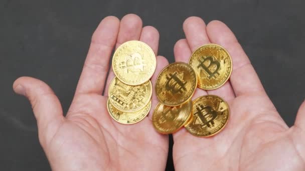 Багатий Чоловік Тримає Кілька Монет Bitcoin Технологія Btc Блокчейн Видобуток — стокове відео
