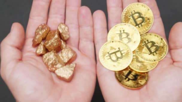 Rich Man Offers Hand Full Gold Hand Full Bitcoin Coins — Stock Video