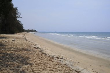 Okyanusun üzerindeki mavi gökyüzünde beyaz bulut kıyı şeridi ve dağları manzaralı.