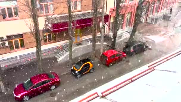 从窗口望去 美丽的雪花落在停在人行道附近的汽车上 高质量的4K镜头 — 图库视频影像