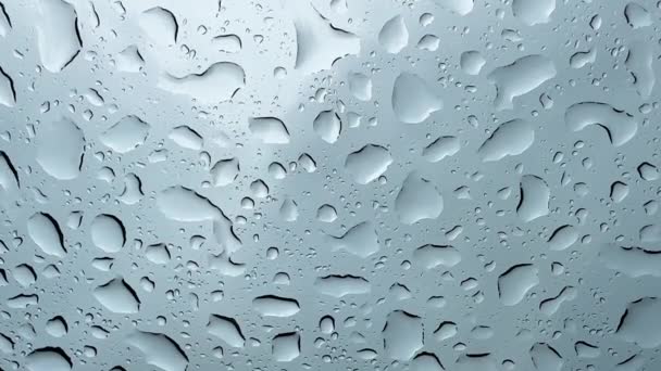 유리잔에 빗방울을 클로즈업 사진입니다 장마철에는 빗방울 창문에서 가을철의 역할을 고품질 — 비디오