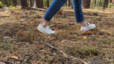 Bir kız sonbahar ormanında yürüyor. Ormanda düşen sarı yaprakların, iğnelerin ve kozalakların üzerinde yürüyen ayakların yakın çekimi. Yüksek kalite 4k görüntü
