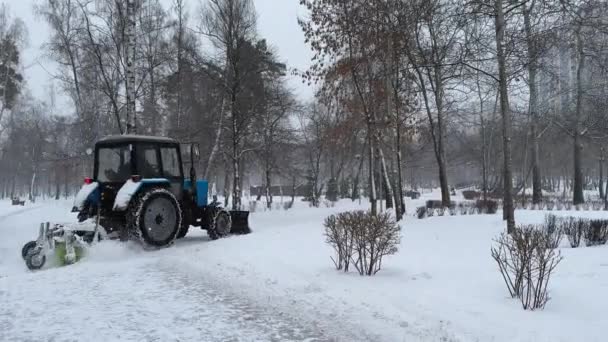 Salju Mencair Traktor Membersihkan Jalan Setelah Hujan Salju Lebat Taman — Stok Video