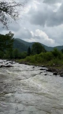 Karanlık fırtınalı bir gökyüzünün altında baharda dağlardan akan azgın bir dağ nehrinin dikey görüntüleri.. 