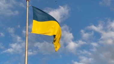 Mavi gökyüzünde dalgalanan ulusal bayrağın görüntüsü. Büyük sarı Ukrayna bayrağı, Bağımsızlık Anayasa Günü, ulusal bayram. Yüksek kalite 4k görüntü