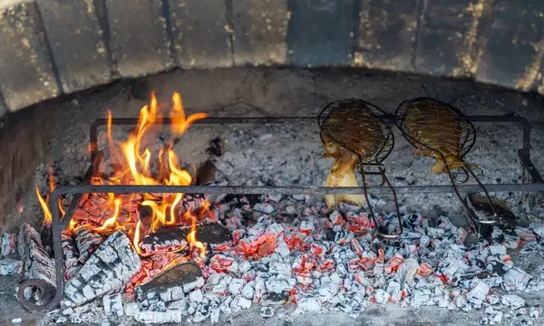 Geleneksel ev yapımı ahşap fırın, ateş yanıyor ve iki balık kızartılıyor. Ortam rahat ve davetkar. Yüksek kalite fotoğraf