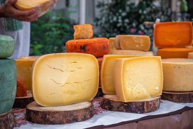 Satılık eski sert peynirlerin seçimi. Arka planda bir peynirciyle açık hava festivalinde gurme peynir tezgahı. Çiftçi tezgahı çeşitli ev yapımı sert peynirlerle dolu. Yüksek