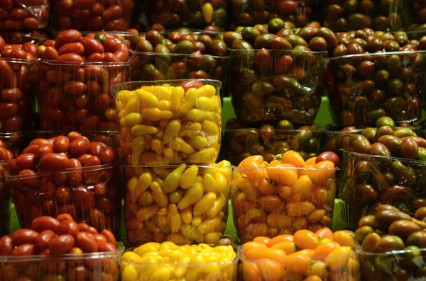 Mostra Com Tomate Cereja Mercado Tel Aviv Tomates Pequenos Amarelos — Fotografia de Stock