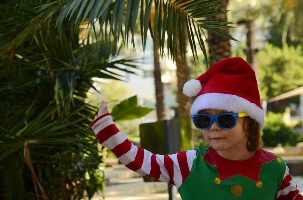 Chłopiec Okularach Przeciwsłonecznych Kapeluszu Świętego Mikołaja Gałąź Dłoni Słońce Koncepcja — Zdjęcie stockowe
