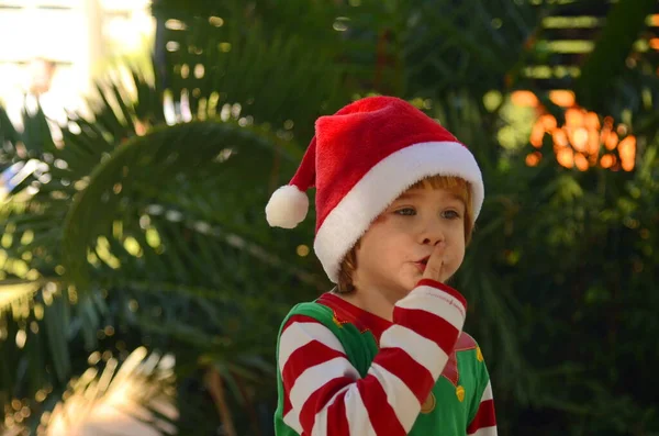 The child is waiting for a miracle, surprise, gift, holiday. A boy in a Santa Claus hat and an elf costume holds a finger to his lips: \