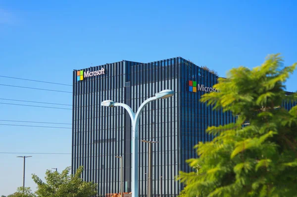 stock image Israel Herzliya November 2022. Microsoft building. Modern hub made of glass and metal. Bill Gates company logo.