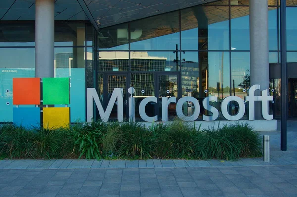 stock image Israel Herzliya November 2022. Microsoft building. Modern hub made of glass and metal. Close-up company logo - capital letters . Entrance to the building.