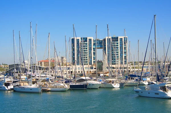 stock image Israel. Herzliya November 2022. Yacht Marina. Pier where sailing boats are moored. Traveling on a sailboat, sea holidays, rent and charter of yachts.