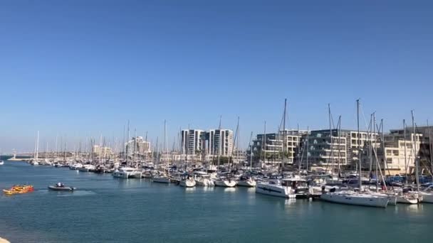 以色列 2022年11月 游艇码头 停泊帆船的码头 乘帆船旅行 租船和租船 — 图库视频影像