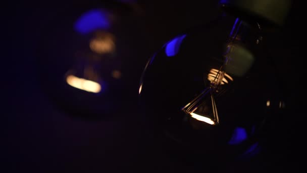 Zwei Glühbirnen Dunkeln Leuchten Auf Und Gehen Aus Tesla Glühbirne — Stockvideo