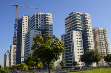 Rishon Lezion. İsrail. Aralık 2022. Emlak ve yeni binalar. Yeni yerleşim alanları, palmiye ağaçları, portakal ağaçları, otoyollar. İnşaat vinci, inşaat alanı.