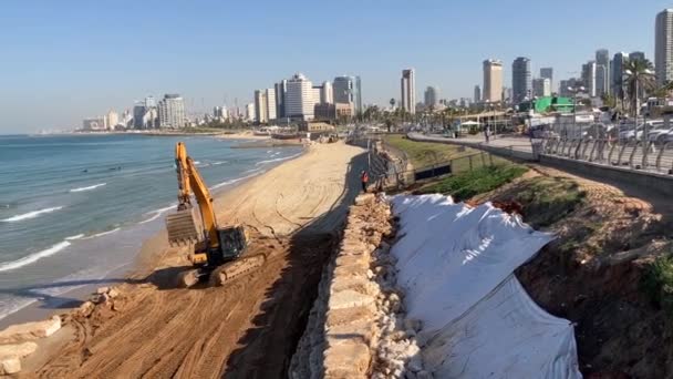 Тель Авів Ізраїль Грудень 2022 Пляжі Знаходиться Екскаватор Hyundai Великими — стокове відео