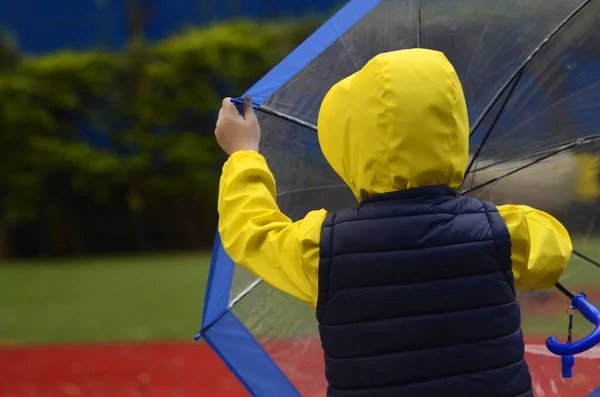 Concept: weather forecast, good weather, rain, overcast, cloudy. A little boy in a yellow raincoat stands with his back and holds an umbrella.Hooded head