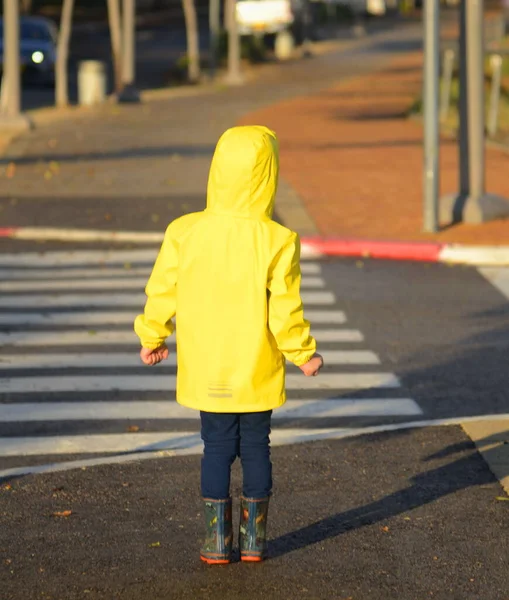 Portrait of a child in the rain. Boy 3 years old in a yellow raincoat and hood, laughs and smiles. Walking in the rain, waterproofs