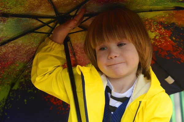 A cute boy in a yellow raincoat, a portrait of a child under a bright multi-colored umbrella. Concept: bad weather, good mood, kindergarten, autumn, spring.