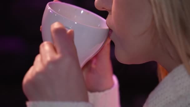 Girl Drinks Coffee Fresh Espresso White Cup Hands Lips Close — Vídeos de Stock