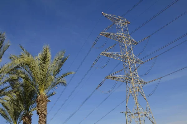 High voltage power transmission towers Have a complex steel structure. high-voltage power lines near palms tree, high voltage electric transmission tower