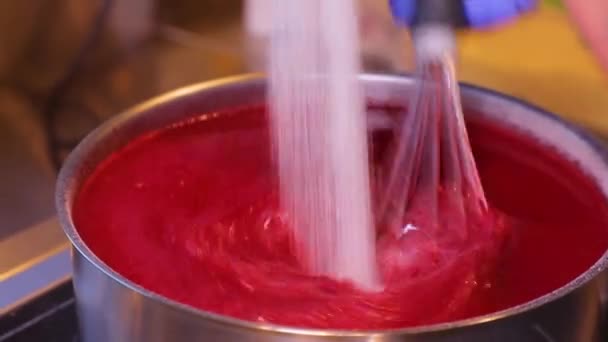Process Making Berry Jam Hand Adds Sugar Stirs Jam Whisk — Stockvideo