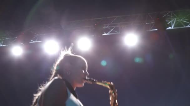 Girl Plays Saxophone Musician Stage Spotlights Performance Live Cyprus Limassol — Stock Video