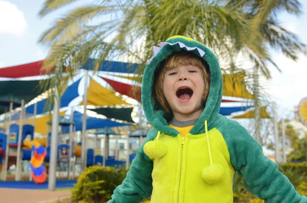 A sweet little boy in a dinosaur costume on a playground. The child in the dragon\'s costume laughs, the space for the text, the poster of the event. Israeli Halloween - Purim. Pajama costume for holidays