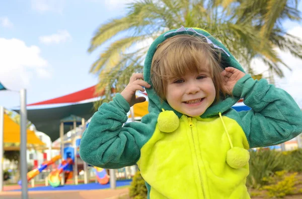 A sweet little boy in a dinosaur costume on a playground. The child in the dragon's costume laughs, the space for the text, the poster of the event. Israeli Halloween - Purim. Pajama costume for holidays