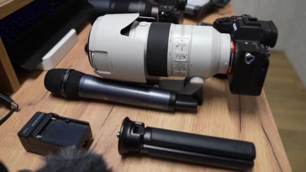Area Lavoro Del Videografo Concetto Blogger Influencer Operatore Sony Fotocamera — Video Stock