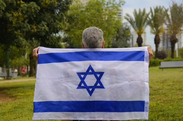 Gray Haired Woman Short Haircut Back Flag Israel Concept Independence — Stock Photo, Image