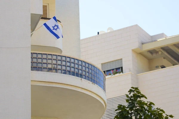 stock image Balconies decorated with the flag of Israel. Independence Day of the State of Israel. Real estate in Israel, modern apartment buildings