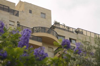 İsrail 'de ikametgah. Modern bir evde balkon. Çiçek açan ağaç, pencereden güzel bir manzara..
