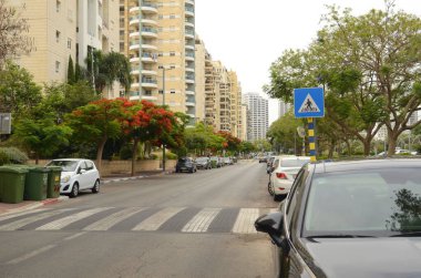 İsrail Tel Aviv 6 Haziran 2023 bir yerleşim bölgesinin caddeleri. Modern apartmanlar, çiçek açan ağaçlar..