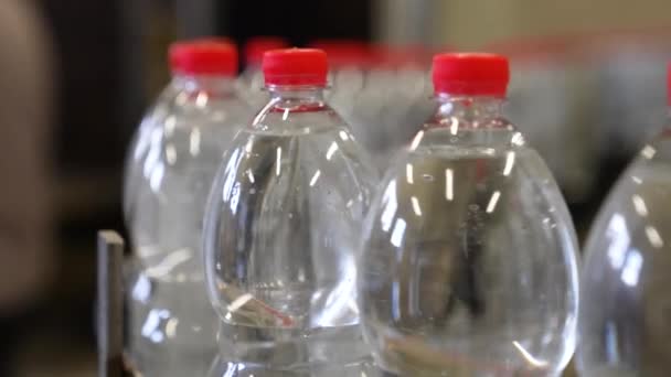 Produkcja Wody Mineralnej Pitnej Plastikowych Butelkach Zbliżenie Wlewu Wody Plastikowej — Wideo stockowe