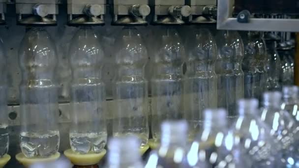 Producción Agua Mineral Potable Botellas Plástico Primer Plano Verter Agua — Vídeos de Stock