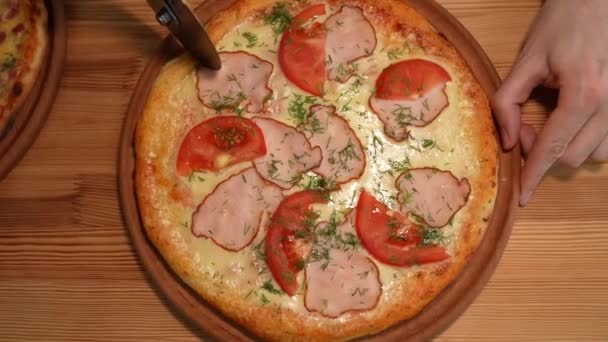 Appetizing Pizza Sausage Chicken Champignon Mushrooms Close Hands Take Slice — Stock Video